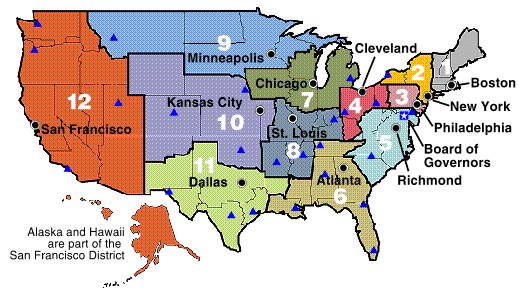 Image map showing the twelve Federal Reserve districts of the United States